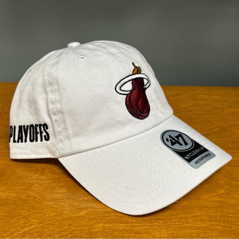 NBA Miami Heat '47 Brand Clean Up Relaxed Playoffs Cap Hat Adjustable White NWT - Picture 3 of 7
